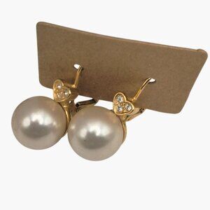 Faux Pearl Crystal Heart Drop Pierced Earrings Gold Tone Wedding Valentine